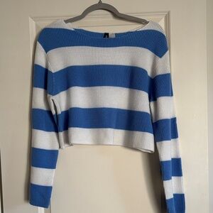 Divided Blue and White Striped Crew Neck Sweater